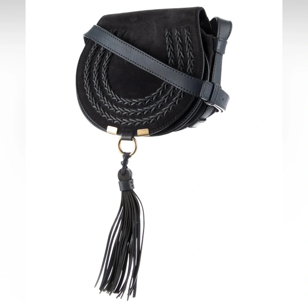 Chloe Marcie Crossbody Saddle Bag Midnight Blue Suede with tassel. - Picture 6 of 12